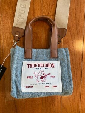 True Religion Denim Tote with Tan Leather Handles and Cream Strap